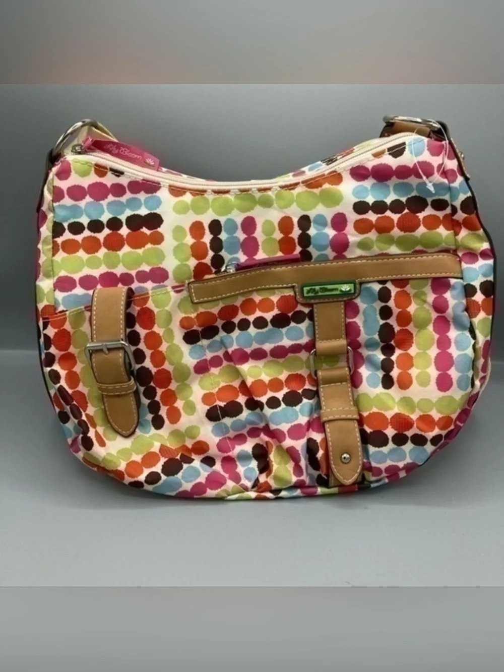 🌸 Lily Bloom Multicolor Dot-Print Shoulder Bag with Tan Trim and Strap Detail